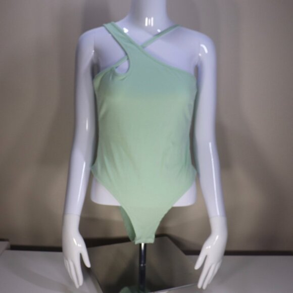 Shein Pastel Mint Vertical Ribbed Asymmetrical Neck Strappy Bodysuit, Large - Picture 1 of 10